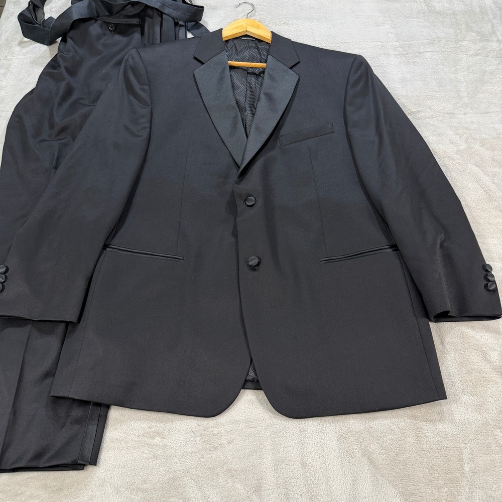 Pronto Uomo Mens 46R Black Wool 2 Piece Tuxedo Suit Notch Lapel Suspenders 40x30
